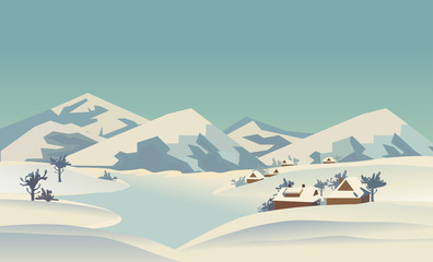 Fototapeta na wymiar Winter nature landscape. Mountain river in snowy glacier valley. Houses on bank under snow. Lake view among hills, trees. Countryside rural scene background. Cartoon outdoors vector Illustration