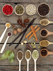 composition of spices on wooden background. view top.