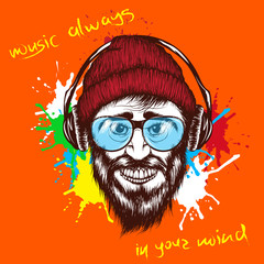 smiling hipster listening a music in headphones