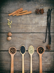 composition of spices on wooden background: allspice, cloves, fennel, star anise, vanilla, cinnamon, green cardamom, nutmeg, black sesame. View from above. copy space
