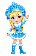 Vector illustration. Beautiful girl wearing long (short) blue coat with white fur. Snow Maiden (Snegurochka), traditional Russian Christmas character on white background