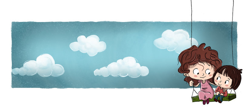 Ni&ntilde;as columpiandose en el parque con un fondo de nubes y cielo azul
