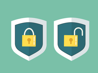 Shields with a closed and open lock. Icons for data protection.
