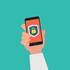 Hand holding a phone with data protection. On the phone screen with a closed lock.