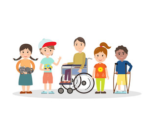 Special needs children with friends, friends and handicapped children. Vector illustration