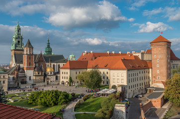 Wawel Castle and Wawel cathedral seen from the Sandomierska tower on sunny afternoon