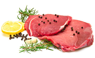 raw sliced beef white background