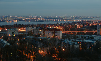 View of city in the evening. Cityscape of night Voronezh city.
