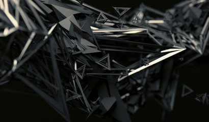 Abstract 3d rendering of chaotic surface. Contemporary background with futuristic polygonal shape. Distorted low poly object with sharp lines.