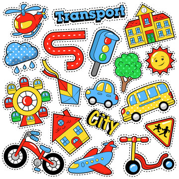 Kids Fashion Badges, Patches, Stickers In Comic Style Education City Transport Theme With Bicycle, Cars And Bus. Vector Retro Background