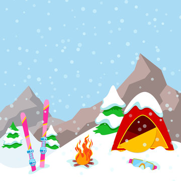 Winter Camp Mountains Landscape with Tent, Fireplace and Skiing Equipment. Vector background