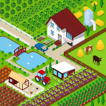 Isometric Rural Farm Agricultural Field with Animals and House. Vector 3d flat illustration