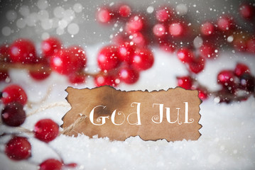 Fototapeta na wymiar Burnt Label, Snow, Snowflakes, God Jul Means Merry Christmas