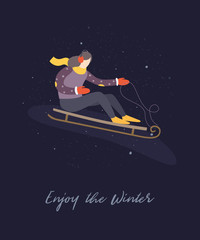 Cartoon girl riding on sleigh with mountains. Winter sports - sledding. Vector illustration on a dark background.