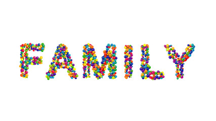 Colorful balls forming the word family