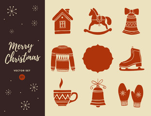 Christmas decorations and set elements. Merry christmas and Happy new year. Hand-drawn illustration. 