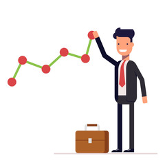 Businessman or manager builds a graph chart of income growth. Man in business suit rejoices success. Vector, illustration EPS10