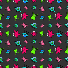 Funny Aliens and UFO Spaceships Seamless Pattern. Vector background