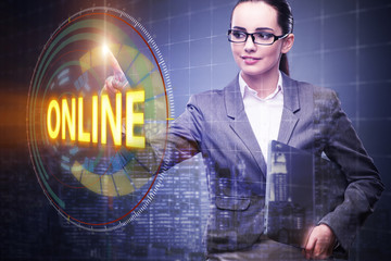 Businesswoman pressing virtual button online