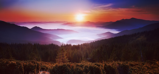 Fantastic sunset in the mountains landscape with sunny beams. Dr
