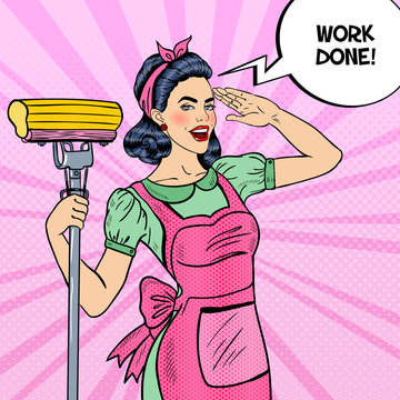 Pop Art Young Confident Housewife Woman Cleaning House with Mop. Vector illustration