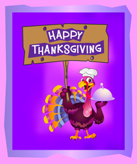 Happy Thanksgiving illustration. Signboard. Funny turkey cook. Purple background, vertical.