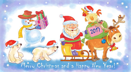 New Year. Greeting card for Christmas. Cute funny Santa on sledge with reindeer, little white bears and a snowman. A rooster and Christmas gifts.Illustration for children. Cartoon characters.
