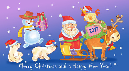 New Year. Greeting card for Christmas. Cute funny Santa on sledge with reindeer, little white bears and a snowman. A rooster and Christmas gifts.Illustration for children. Cartoon characters.