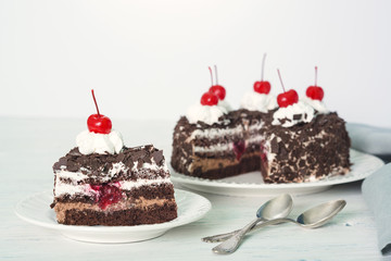 Chocolate cake with cherry on plate