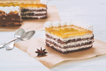Banana cake with jelly on baking paper