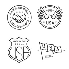 Made in usa labels badges stamps set. Vector vintage monochrome illustration.
