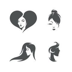 Women faces symbols set. Vector vintage illustration.