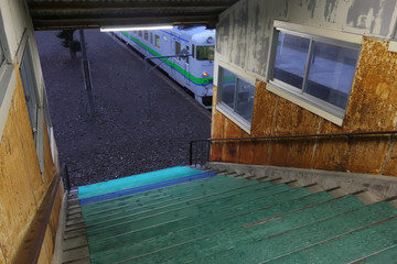 Obraz na płótnie Canvas 古い鉄道の連絡通路　緑の階段