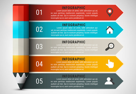 Pencil Element Infographic with Grayscale Icon Set