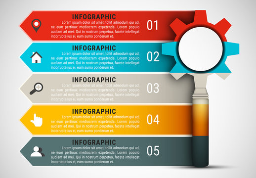 Gear and Magnifying Glass Infographic with Grayscale Icon Set