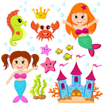 Mermaid, underwater castle and sea animals. Fish, starfish, seahorse, crab, crovn