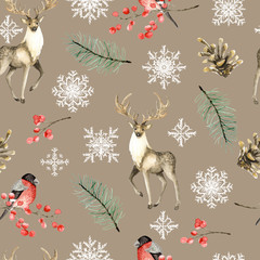 Seamless Christmas pattern with deer and bullfinches. Watercolor hand drawn
