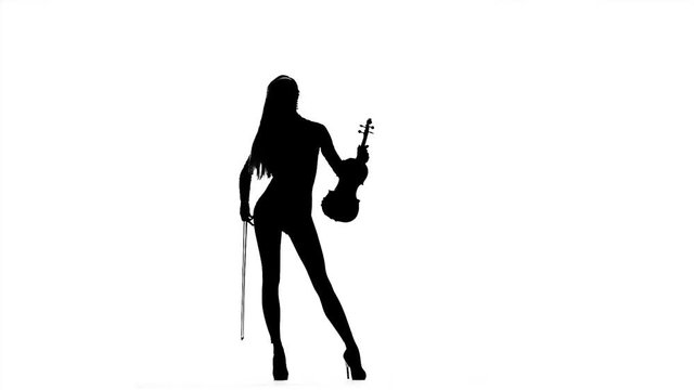 Fiddler girl playing the violin. Silhouette on white background. Slow motion