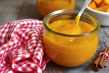Pumpkin puree in a glass jar.