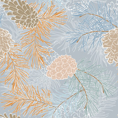 Hand-Drawn seamless pattern with pine cones and branches of coniferous evergreen tree - 127001127