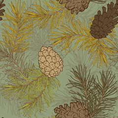 Hand-Drawn seamless pattern with pine cones and branches of coniferous evergreen tree - 127001168