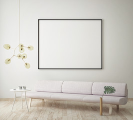 mock up blank poster on the wall of hipster living room, 3D rendering, 3D illustration