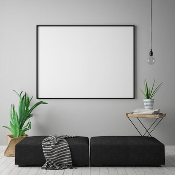 mock up blank poster on the wall of hipster living room, scandinavian style, 3D rendering, 3D illustration