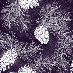 Hand-Drawn seamless pattern with pine cones and branches of coniferous evergreen tree - 127001725