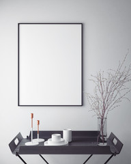 mock up poster frame in hipster interior background, scandinavian style, 3D render, 3D illustration