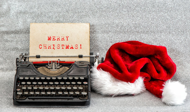 Old typewriter red hat Merry Christmas Retro style picture