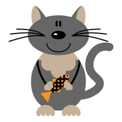 Vector illustration of a cartoon cat holding fish on a white background