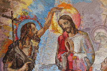 MEDJUGORJE, BOSNIA AND HERZEGOVINA, 2016. Mosaic of the baptism of Jesus Christ by Saint John the...