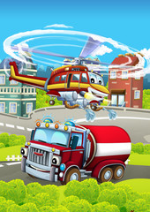 Obraz na płótnie Canvas Cartoon stage with different machines for firefighting - truck and helicopter - colorful and cheerful scene - illustration for children