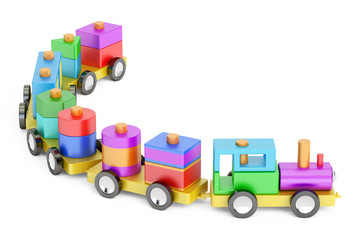 Wooden toy train with colorful blocs, 3D rendering